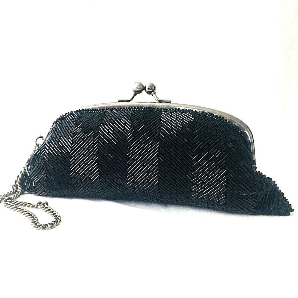 The Limited Beaded Clutch Handbag Black Kiss Lock Purse Wedding Formal Luxury